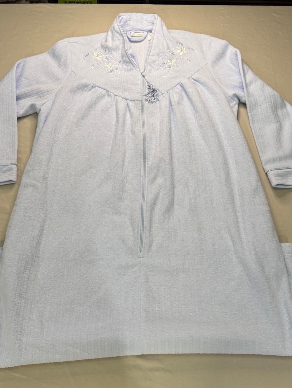Secret Treasures Long Nightgown L Blue Floral Embroidered Partial Zip 47”